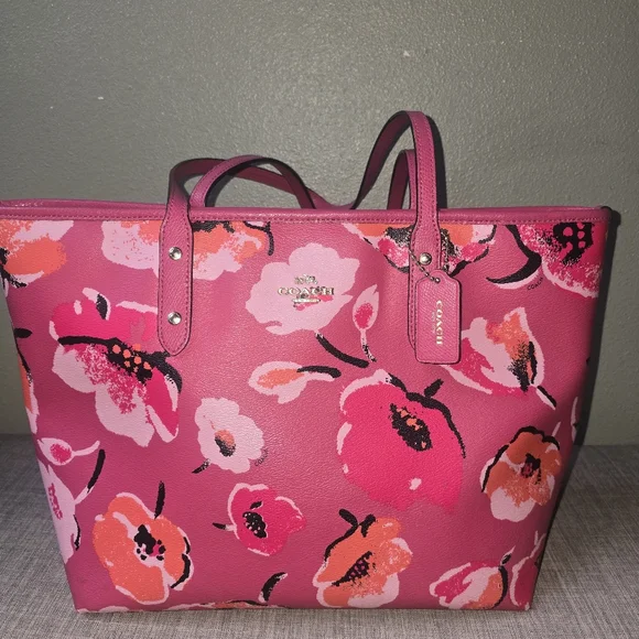 Coach Large City Zip Tote bag in dahlia pink crossgrain leather with a wildflowe - Picture 1 of 5